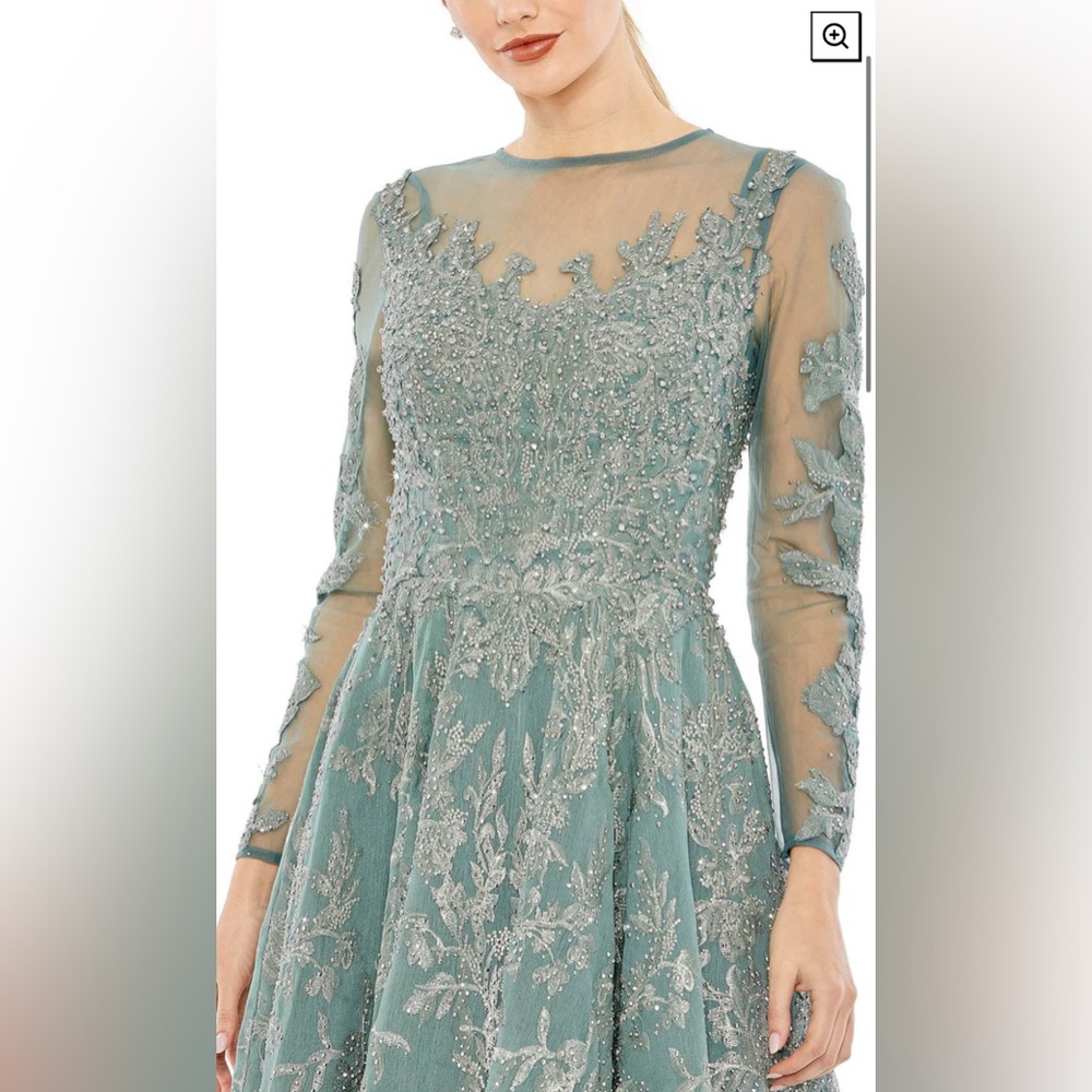Bow belt illusion teal length evening gown - Picture 3 of 10